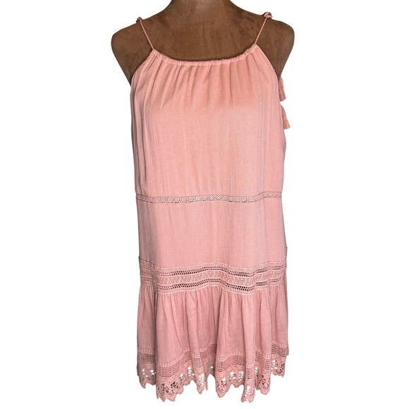 Lumiere Dresses & Skirts - Lumie Pink‎ Lace Trim Tassel Tie Dress Women's Medium Boho Sleeveless Lined EUC